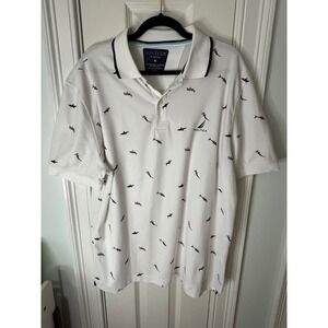 Nautica Navtech Shark Week Polo Shirt Mens XL White Shark Print Recycled Poly